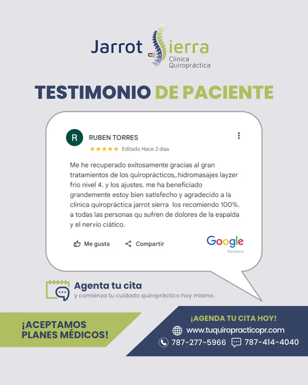 Pieza de testimonio de paciente utilizada en contenido de la Clínica Quiropráctica Jarrot Sierra