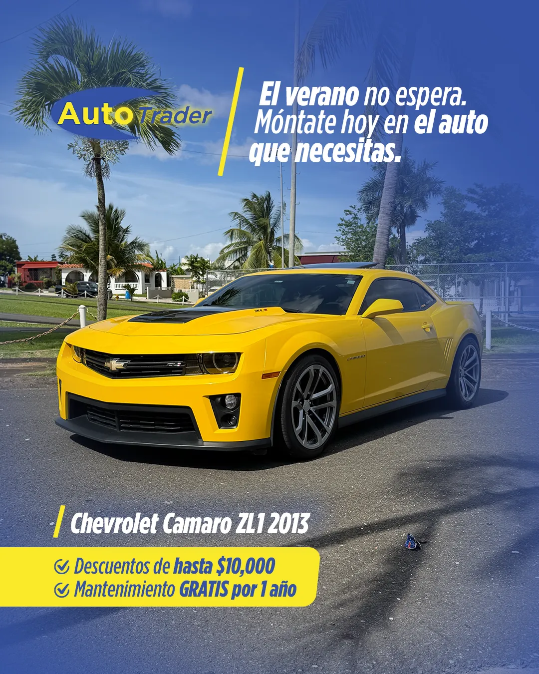 Pieza gráfica de campaña de Auto Trader con vehículo destacado