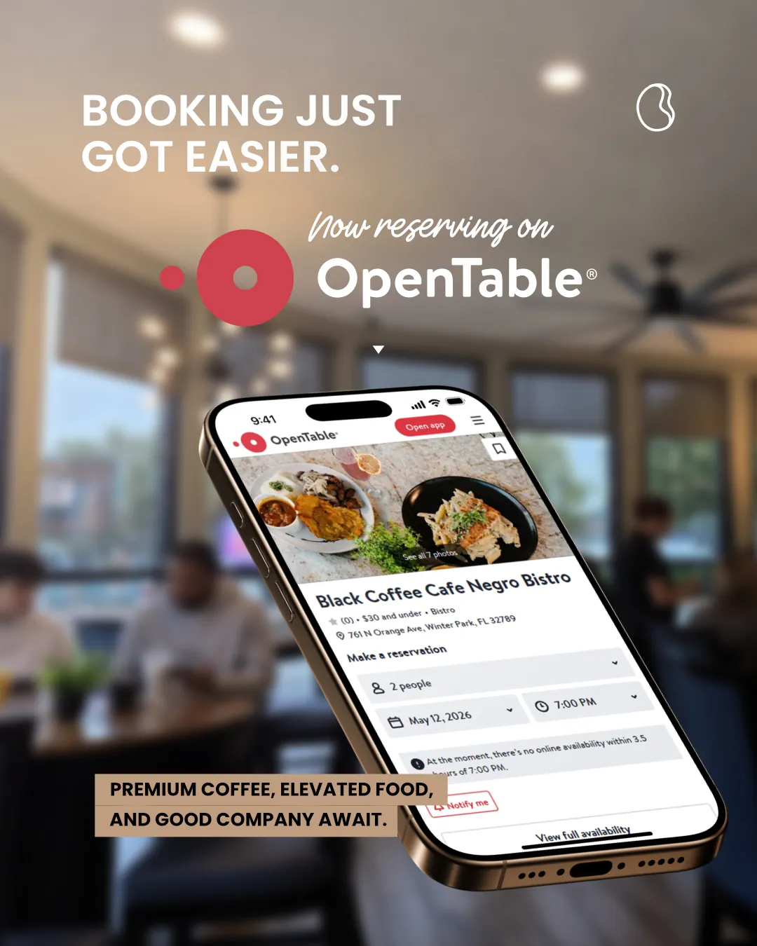 Arte publicitario del sistema de reservas OpenTable de Black Coffee